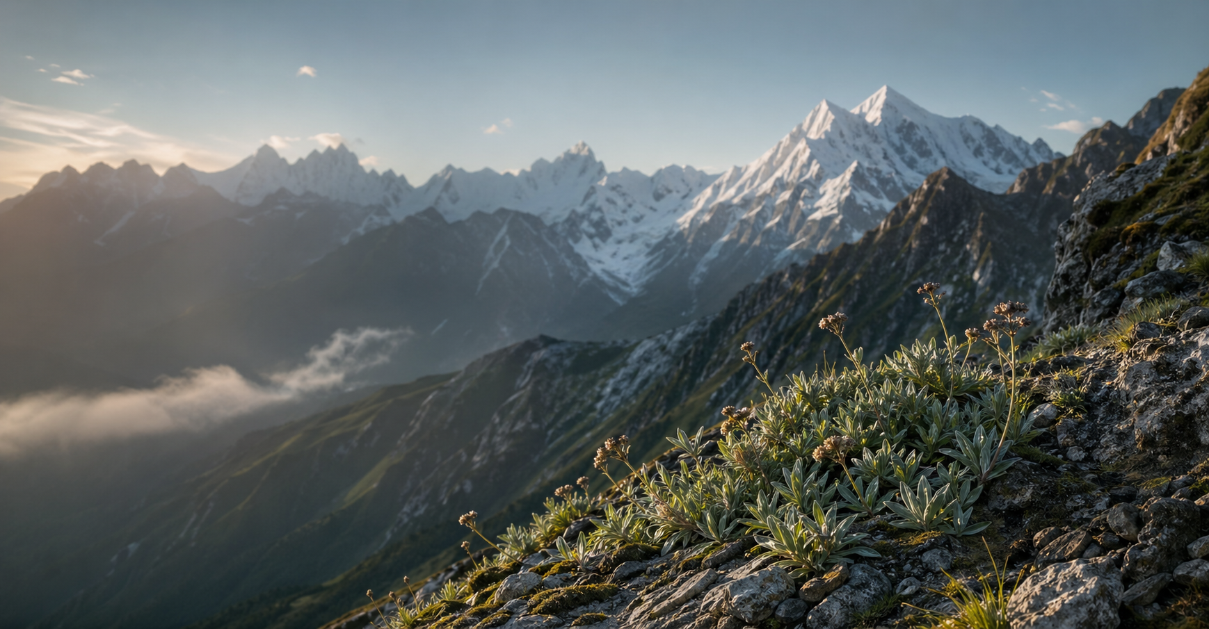 Klares Hochgebirge mit alpinen Pflanzen im Morgenlicht